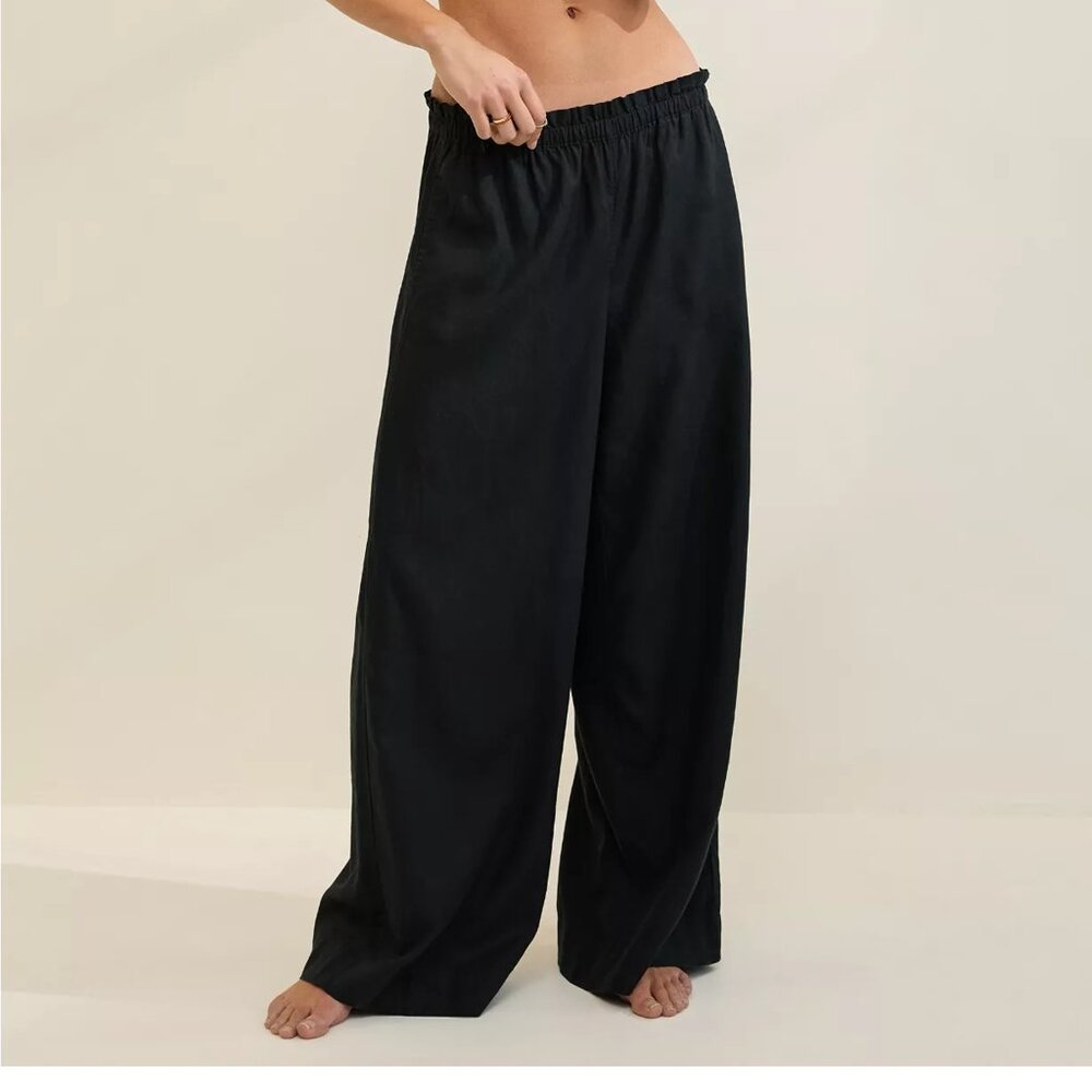 NWT Aerie Linen Blend Trouser Black Wide-Leg Pants with Elastic Waistband Large